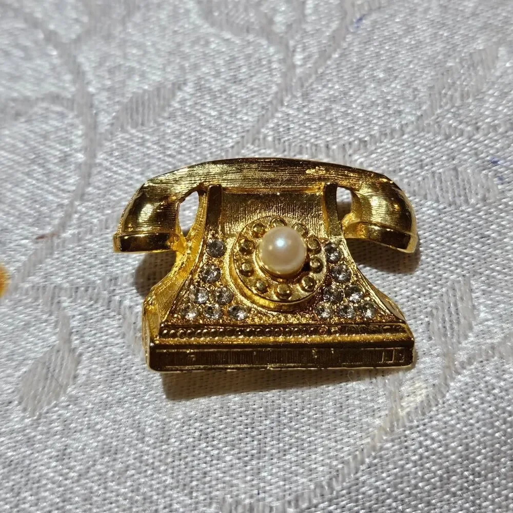 vintage rotary phone gold tone brooch